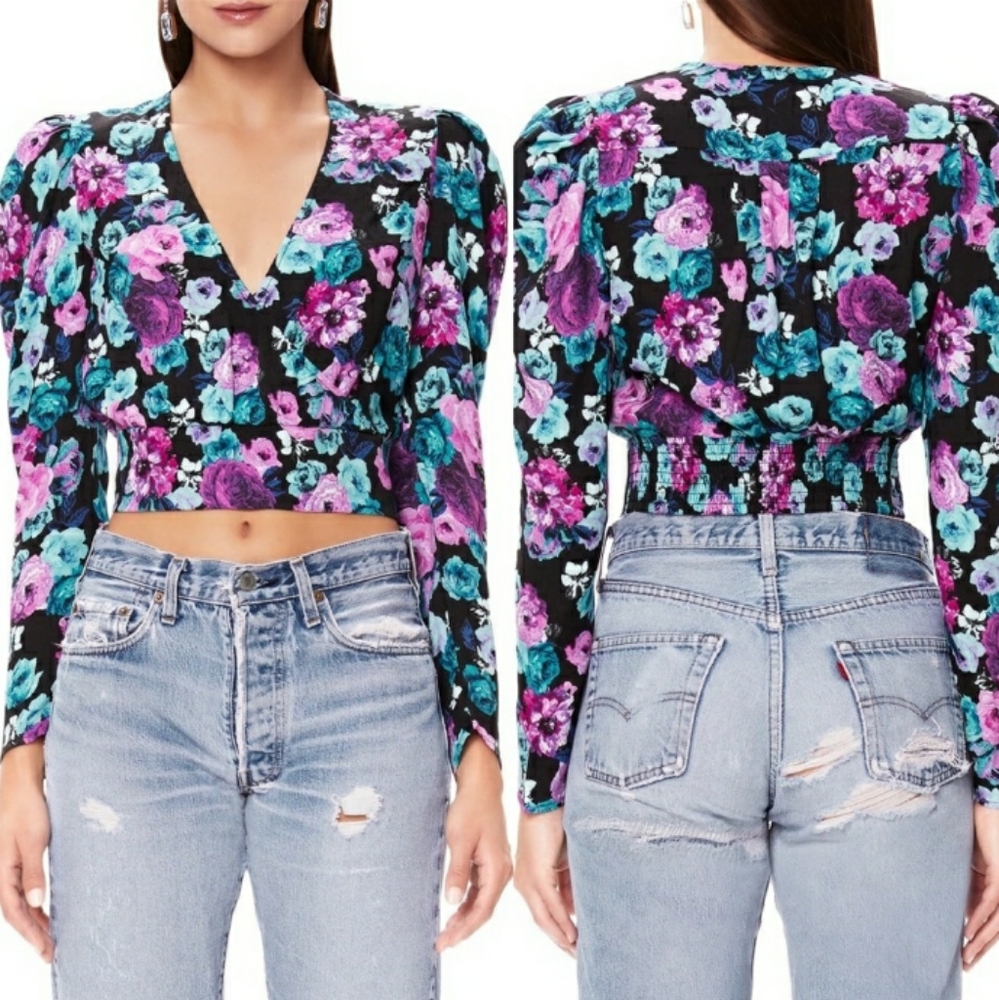 NWT Afrm large black floral crop top long sleeve